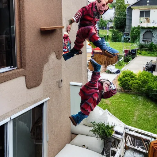 Image similar to some dwarfs are making some backyard somersault from a balcony, photography