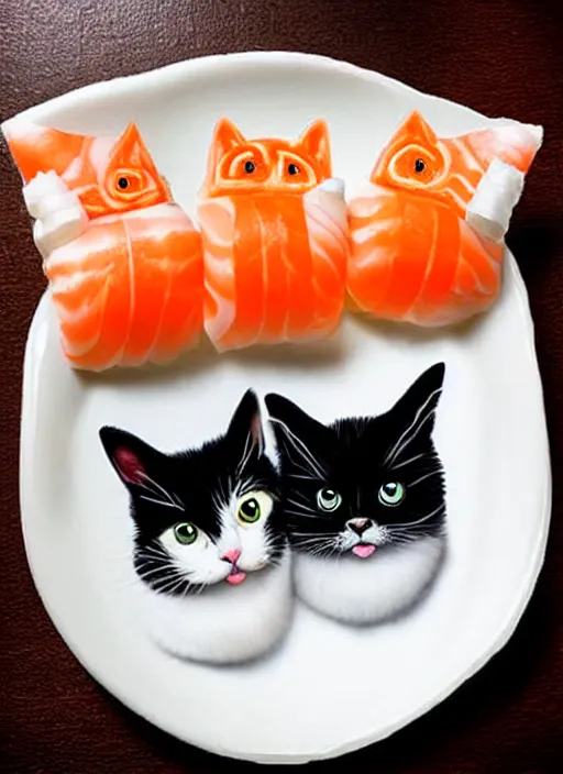 Image similar to clear surrealist painting of adorable cats made out of sushi