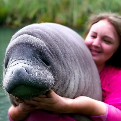 Image similar to fluffy pygmy manatee being hugged by a person, realistic, fantasy, pet, adorable, national geographic