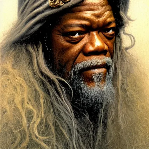Image similar to portrait of samuel jackson as gandalf, by alan lee, lord of the rings calendar, smooth, detailed terrain, oil painting, matte painting, concept art, trending on artstation