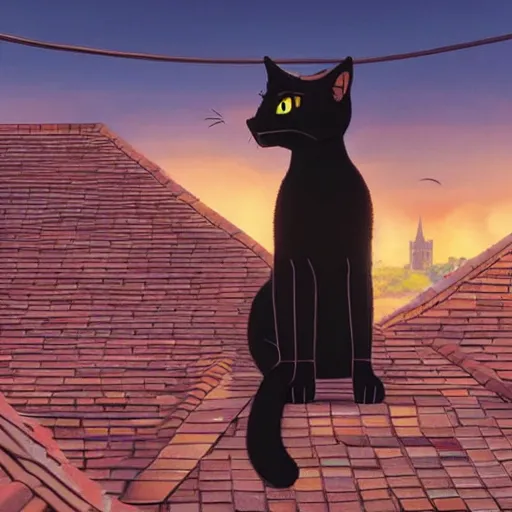 Image similar to a wholesome animation key shot of a black cat seated on top of a roof with tiles, medium shot, studio ghibli, pixar and disney animation, sharp, rendered in unreal engine 5, anime key art by greg rutkowski, bloom, dramatic lighting, golden hour