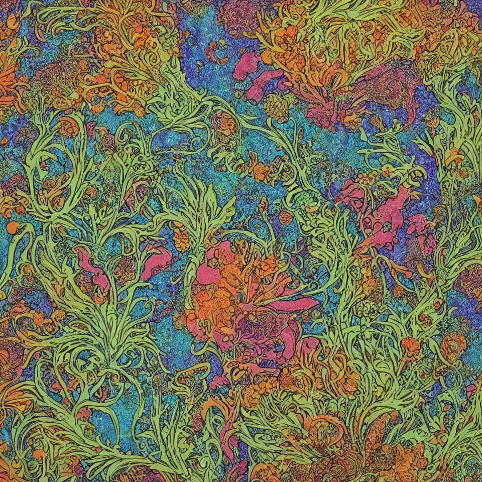 Prompt: colorful print of alien fungi lichens botanical artwork, multicolor lino block print with vignettes, created by ernst haeckel, greg hildebrandt, mary delany, tiffany bozic in the style of matte painting, colorful ink, vibrant,, colorful dark outline vector, smooth curves, graphical, detailed, trending in art station