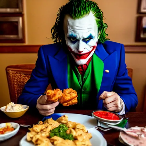 Image similar to cinematic shot of the joker sitting at a table in front of a plate of chicken and biscuits and gravy, 8 k, very detailed, very intricate,