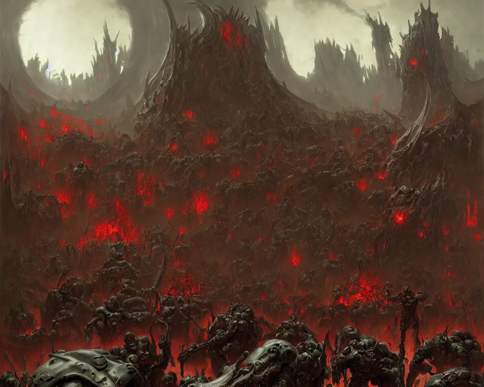 Image similar to doom eternal concept art by jakub rozalski, garden of eternal delights hell by hieronymus bosh, triumph of death by pieter brueghel, doom eternal hell by wayne barlowe