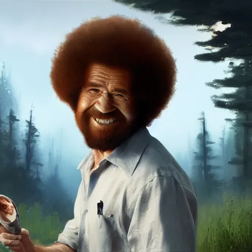 Image similar to Bob Ross throwing away paintings, illustrated by Greg Rutkowski, photorealistic facial features, trending on artstation, 4k, 8k