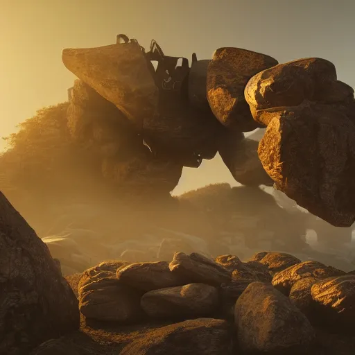 Image similar to a giant robot made out of rocks standing on mountains during foggy weather and a planet in the backround, award winning, trending on artstation, unreal engine