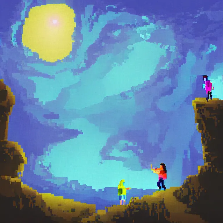 Image similar to pixel art of a dramatically lit night time scene of two colorful hikers wearing headphones and backpacks dancing quietly on a low rocky outcrop overlooking a wavy sea