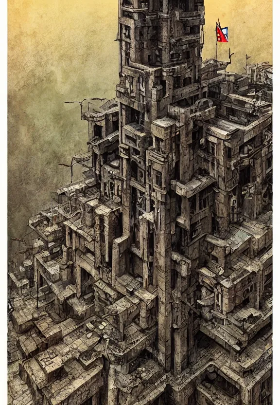 Image similar to [Brutalist bunker adorned with gargoyles and checkered flags. Propaganda poster!, intricate, elegant, highly detailed, digital painting, artstation, concept art, matte, sharp focus, illustration, art by Enki Bilal]