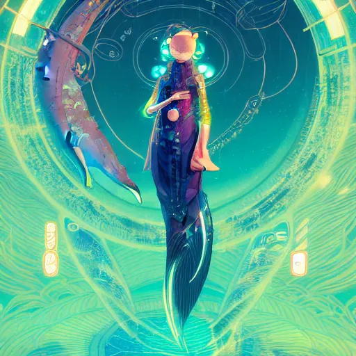 Image similar to a beautiful hyperdetailed character design 4 k wallpaper illustration of a cute dolphin, victo ngai cyberpunk style, from china, style of studio ghibli, makoto shinkai, raphael lacoste, louis comfort tiffany, artgerm, james jean, ross tran, chinese style