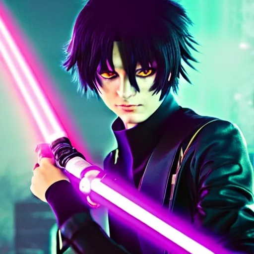 Image similar to eccentric Lelouch Lamperouge holding a lightsaber, mysterious man, octane 8k, aesthetic cyberpunk, lightsaber duel, 2022, beautiful reflections, octane render, purple lightsaber