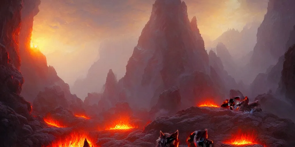 A Pack Of Wolves In The Hell Fire Lava By Greg Stable Diffusion