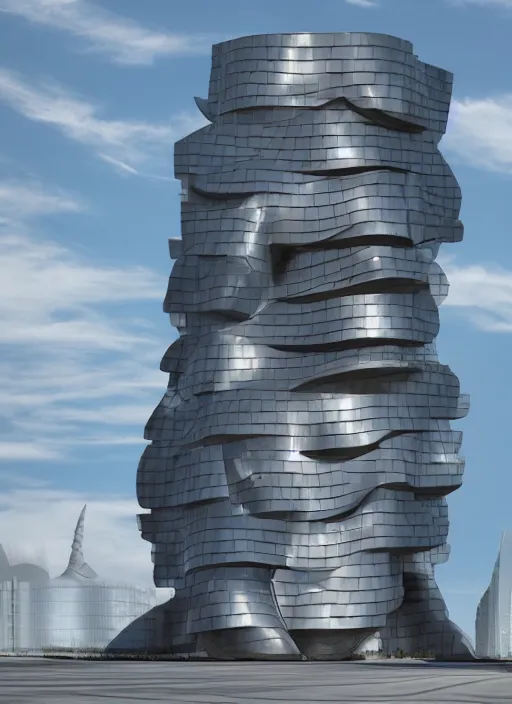 Prompt: highly detailed realistic architecture 3 d render of a futurisctic stele in frank gehry style made from atom models standing near a highway, archdaily, made in unreal engine 4 octane render