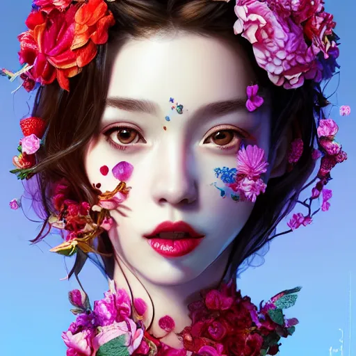Prompt: the face of absurdly beautiful, graceful, elegant, sophisticated, sensual gravure idol made of strawberries and colorful petals with tears, an ultrafine hyperrealistic illustration by kim jung gi, irakli nadar, intricate linework, bright colors, octopath traveler, final fantasy, unreal engine highly rendered, global illumination, radiant light, intricate environment