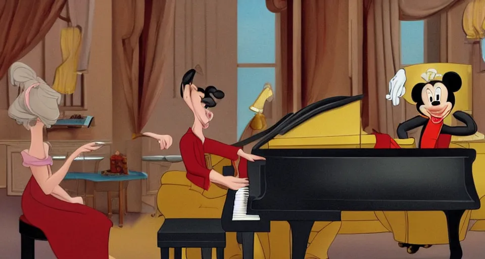 Prompt: a man playing a piano in the style of a disney cartoon