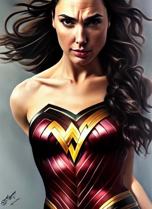 Image similar to full length photo of a gorgeous gal gadot in the style of stefan kostic, realistic, sharp focus, 8k high definition, insanely detailed, intricate, elegant, art by stanley lau and artgerm