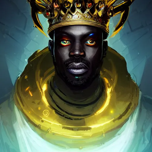 Image similar to a dark and ominous african moor with glowing eyes and a golden crown with a ruby, Apex Legends character digital illustration portrait design, by android jones and greg rutkowski in a cyberpunk voodoo style, detailed, cinematic lighting, wide angle action dynamic portrait