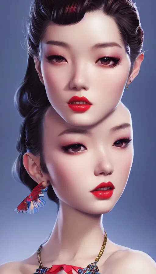 Image similar to a pin up and beautiful fashion and charming and dreamlke asian girl, lv jewelry, art by artgerm & jeehyung lee & wlop, hyperdetailed, 8 k realistic, symmetrical, frostbite 3 engine, cryengine, dof, trending on artstation, digital art