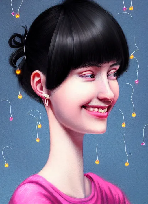 Image similar to portrait of high school girl, realistic, black hair, bangs, half updo hairstyle, pointy nose, skinny, smile, ugly, defined jawline, big chin, pink hair bow, earrings, intricate, elegant, glowing lights, highly detailed, digital painting, artstation, sharp focus, illustration, art by wlop, mars ravelo and greg rutkowski