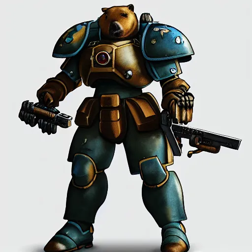 Image similar to a capybara wearing warhammer space marine armor art 4 k deviantart artstation dynamic pose no helmet