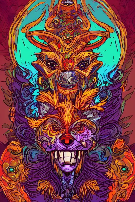 Image similar to animal mask totem roots flower tribal feather gemstone plant wood rock shaman vodoo video game vector cutout illustration vivid multicolor borderlands comics by josan gonzales and dan mumford radiating a glowing aura