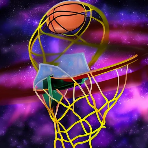 Prompt: A basketball player performing a slam dunk in the galaxy, digital art