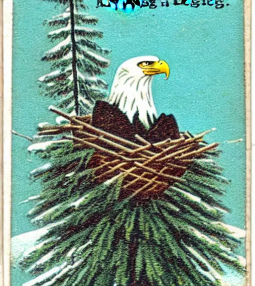 Prompt: damaged postcard of 'an eagle in the nest of a snowy pine tree' laying on table, long shot