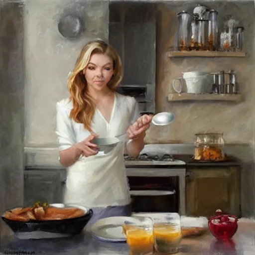 Image similar to Natalie Dormer making breakfast for her husband painting by Vladimir Volegov