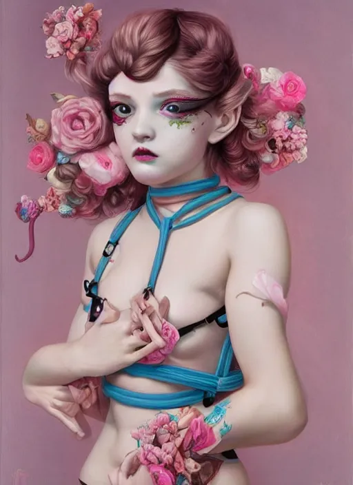 Prompt: pop surrealism, lowbrow art, realistic seductive cute woman sitting painting, pink body harness, japanese shibari with blue flowers, hyper realism, muted colours, rococo, natalie shau, loreta lux, tom bagshaw, mark ryden, trevor brown style,