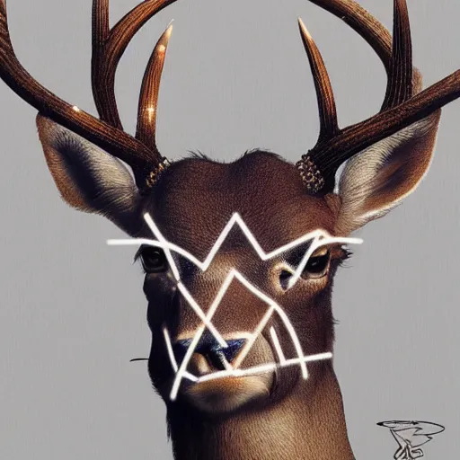 Image similar to a upper body portrait of a deer in a pinstriped suit and pants wearing a fedora with the antlers sticking out of the fedora by artgerm and wlop, intricate detail, digital art, photorealistic, trending on artstation