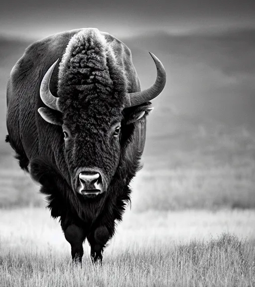 Image similar to Award winning Editorial photo of an american bison in yellowstone by Edward Sherriff Curtis and Lee Jeffries, 85mm ND 5, perfect lighting, gelatin silver process