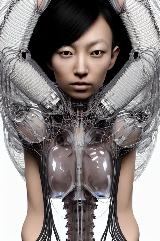 Image similar to beautiful young asian woman, iris van herpen, perfect symmetrical body, full body shot, inflateble shapes, wires, tubes, veins, jellyfish, white biomechanical details, wearing epic bionic cyborg implants, masterpiece, intricate, biopunk, vogue, highly detailed, artstation, concept art, cyberpunk, octane render