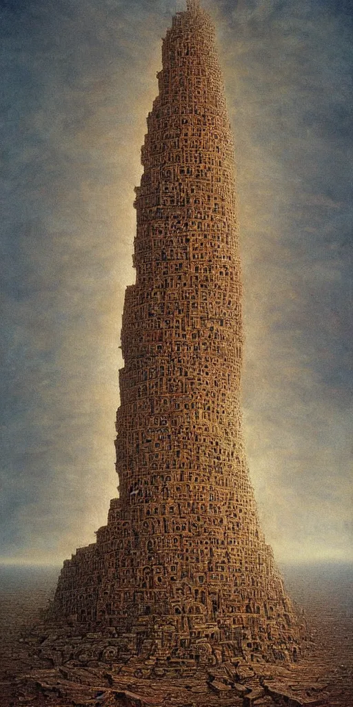 Image similar to tower of babel by tomek setowski, zdzislaw beksinski, surreal oil painting, dream like, highly detailed, symmetry, masterpiece