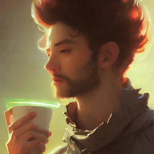 Image similar to A man drinking a cup of cosmic energy bright light, illustration by Ruan Jia and Mandy Jurgens and William-Adolphe Bouguereau, Artgerm, 4k, digital art, surreal, anime style, space dandy style, highly detailed, godsend, artstation, digital painting, concept art, smooth, sharp focus, illustration by Ruan Jia and Mandy Jurgens and William-Adolphe Bouguereau, Artgerm