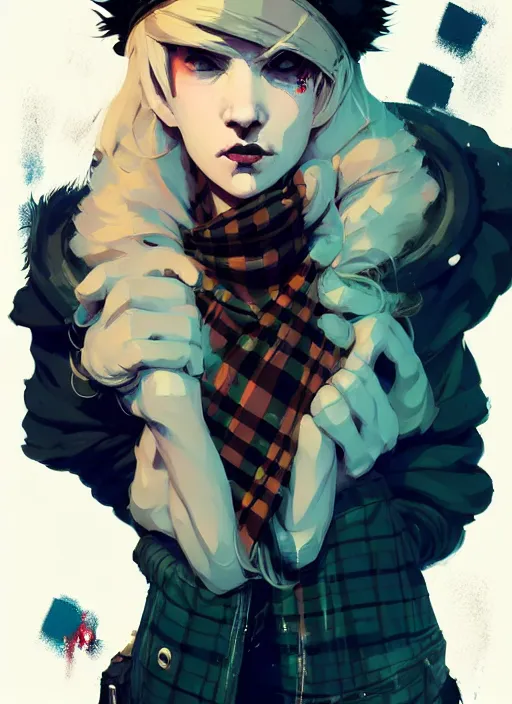 Image similar to highly detailed closeup portrait of a sewer punk female thief, tartan cloak, blonde hair with headband by atey ghailan, by greg rutkowski, by greg tocchini, by james gilleard, by joe fenton, by kaethe butcher, gradient, blue, black, brown and cream color scheme, grunge aesthetic!!! white graffiti tag wall background