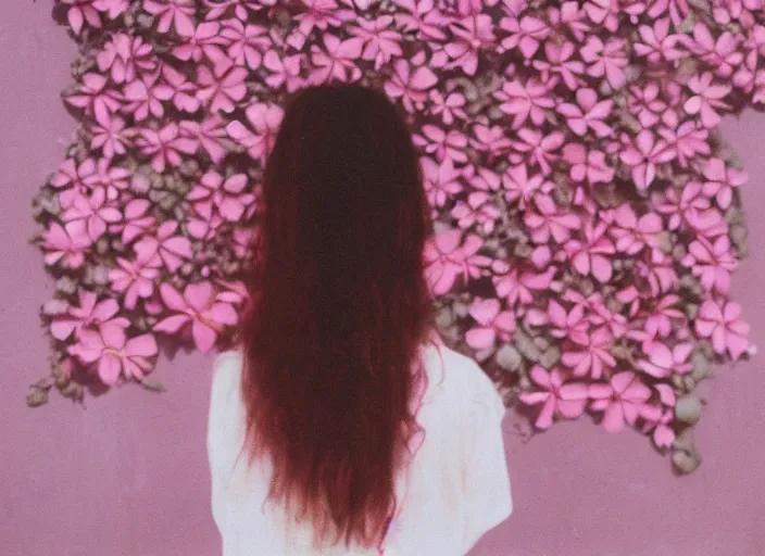 Image similar to color film photography, long shot of the back of a woman\'s head with interwoven flowers in center against a pink wall, daylight, 35mm