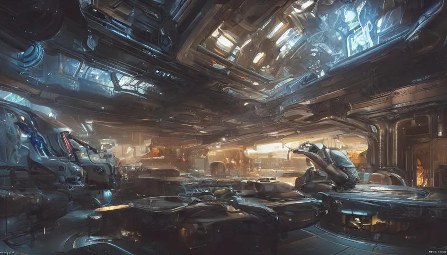 Prompt: the inside of a futuristic mechanic spaceshop coc, highly detailed interior, half - finished robot, holographic screen in center frame by peter mohrbacher, cyberpunk, cryengine render, hyper realism, realistic shading, cinematic composition, realistic render, octane render, detailed textures, photorealistic, wide shot, fanciful, colorful