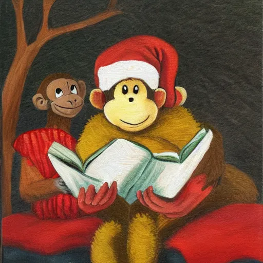 Image similar to a banana wearing a Christmas sweater reading a bedtime story to a monkey, oil painting, realistic