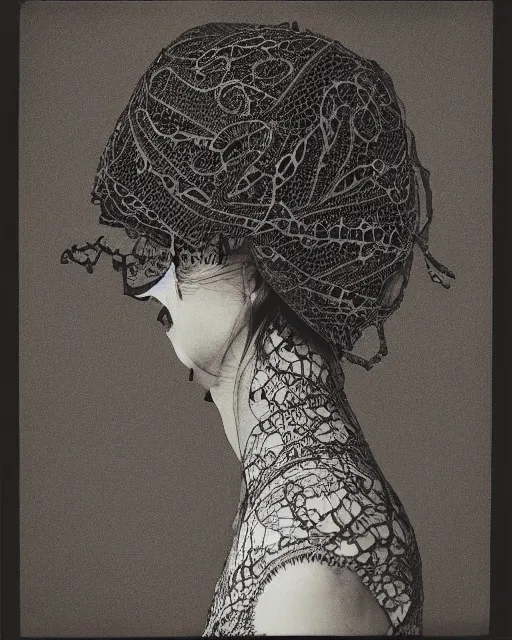 Image similar to a woman's face in profile, made of intricate decorative lace leaf skeleton, in the style of the dutch masters and gregory crewdson, dark and moody