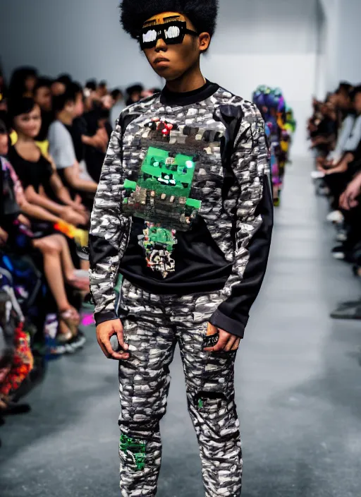 Prompt: hyperrealistic and heavy detailed bape avant garde runway show of minecraft, leica sl 2 5 0 mm, vivid color, high quality, high textured, real life