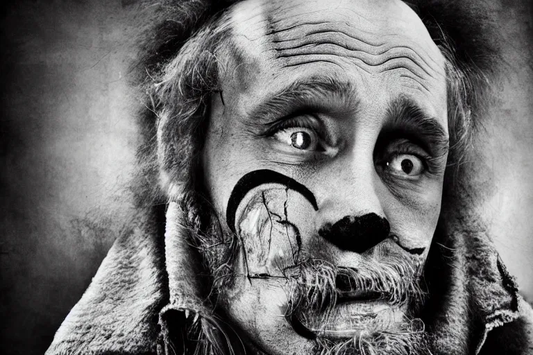 Prompt: putin as a homeless clown. portrait. gritty black and white photograph.