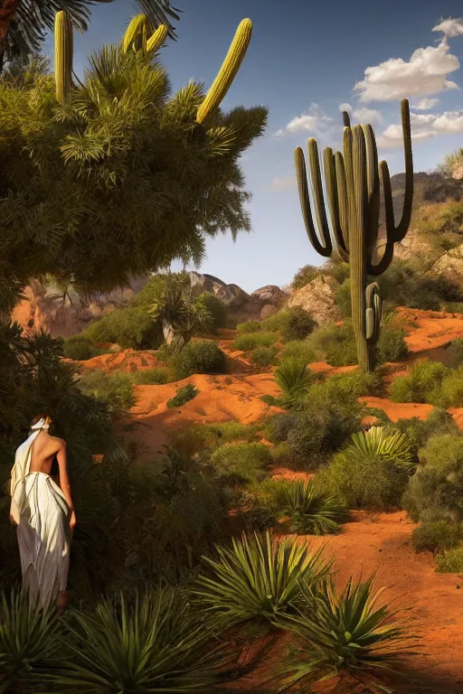 Prompt: a lush desert valley with vegetation in the style of caravaggio, with a parametric statue of a human in the middle of the foreground, oil painting, raytracing, 8 k, octane render, volumetric, vivid, beautiful, hyperrealism