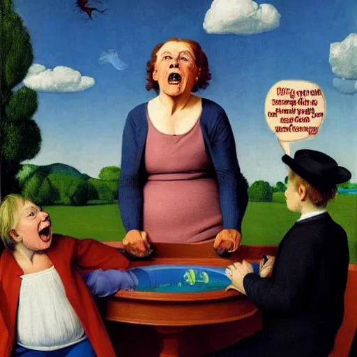 Prompt: a batshit crazy old woman yelling at the kids by Raphael, Hopper, and Rene Magritte. detailed, romantic, enchanting, trending on artstation.