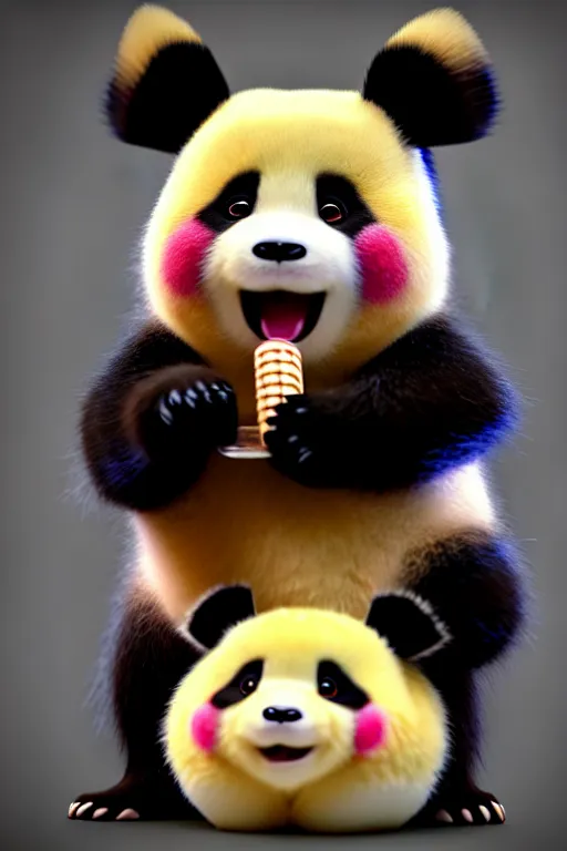 Image similar to high quality 3 d render hyperrealist very cute creepy happy panda & tortoise hybrid eating ice cream, vray smooth, in the style of detective pikachu, very dramatic light, low angle, uhd 8 k, shallow depth or field