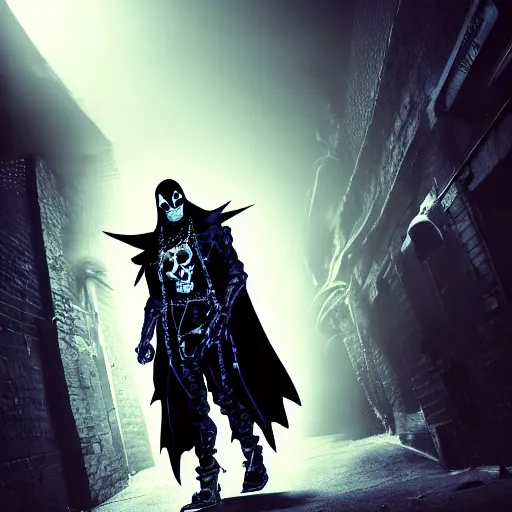 Prompt: comic character Spawn in dark alley with chains and skulls, photoreal