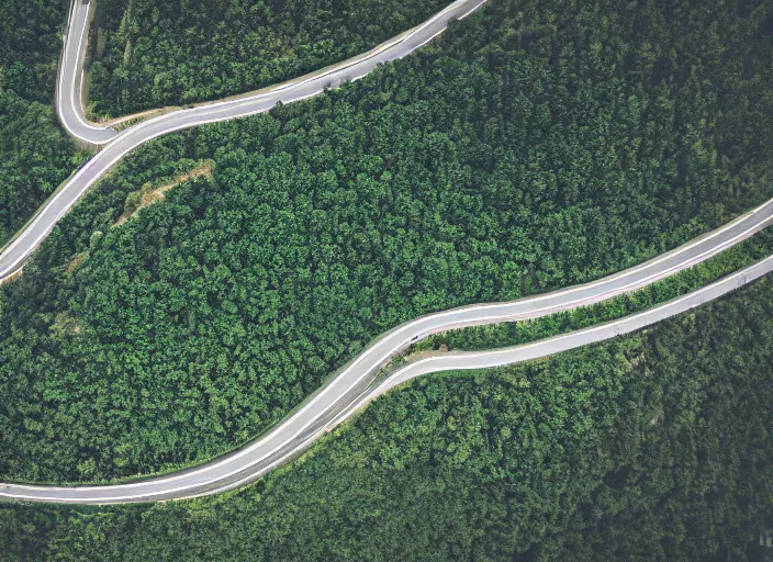 Prompt: symmetry!! a 2 8 mm macro aerial view of a beautiful winding mountain road in europe, photography, film, film grain, canon 5 0 mm, cinematic lighting