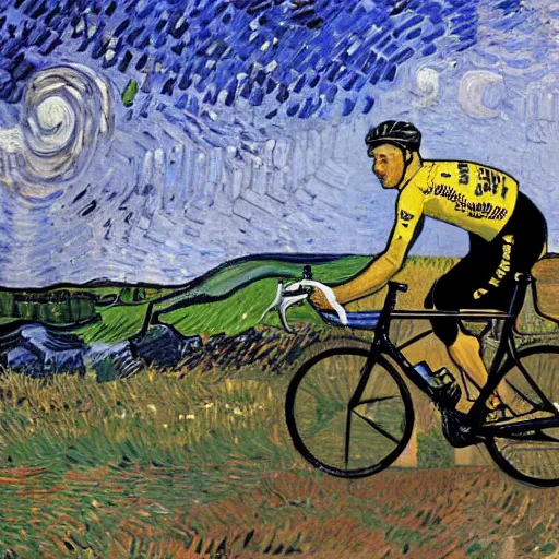 Image similar to jonas vingegaard on his bike in tour de france art by van gogh.