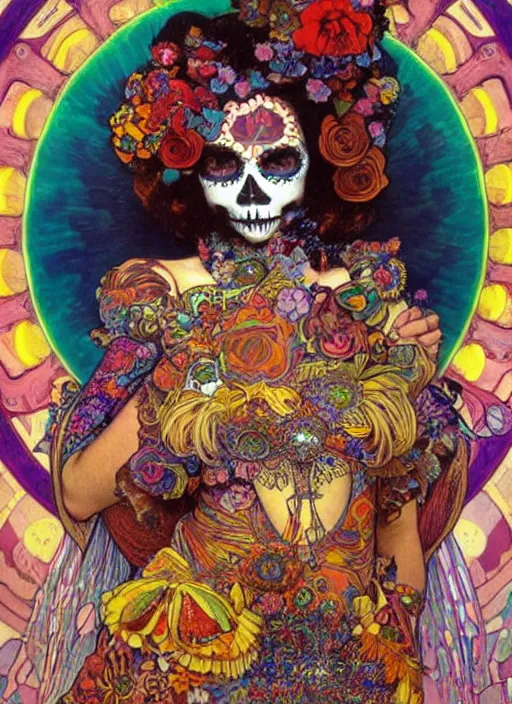 Prompt: realistic detailed psychedelic poster art of a cute punk goth fractal Día de los Muertos girl posing by Victor Moscoso Rick Griffin Alphonse Mucha Gustav Klimt, masterpiece