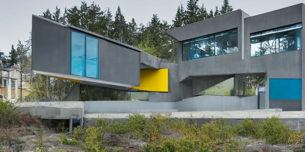 Image similar to large futuristic residence, gray and brown concrete, blue and yellow metal, many large green windows, cascadian, cuboid elements