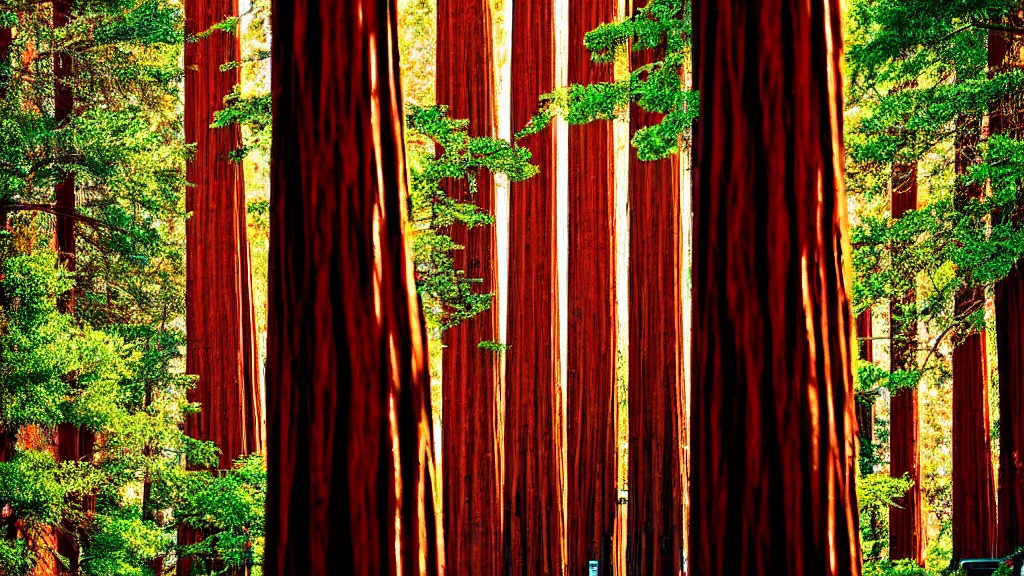 Prompt: Market Street San Francisco lined with Redwood Trees; City in Harmony with Nature; Location: San Francisco, California; retro-natural-futurism; Trees photographed by Neil Burnell