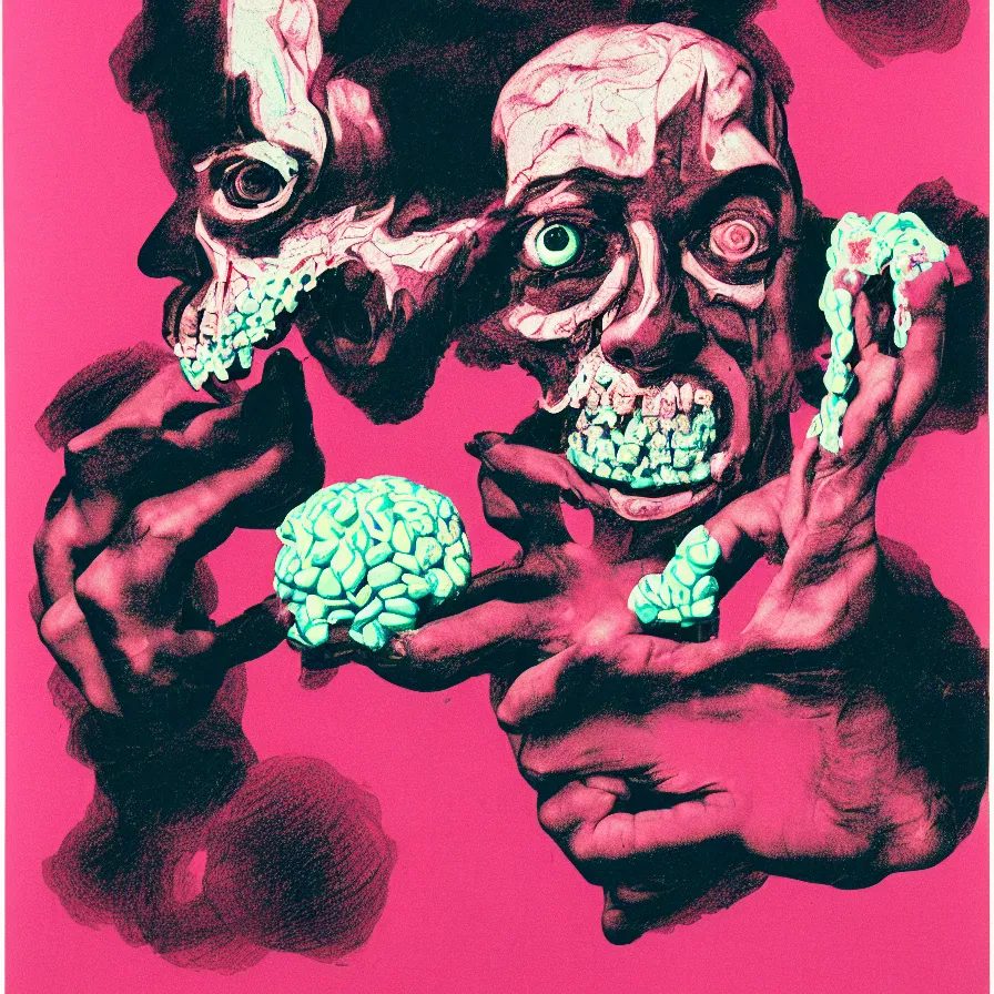 Prompt: candy brains and broken bones, risograph by francis bacon, saul bass, sharp focus, 8 k,